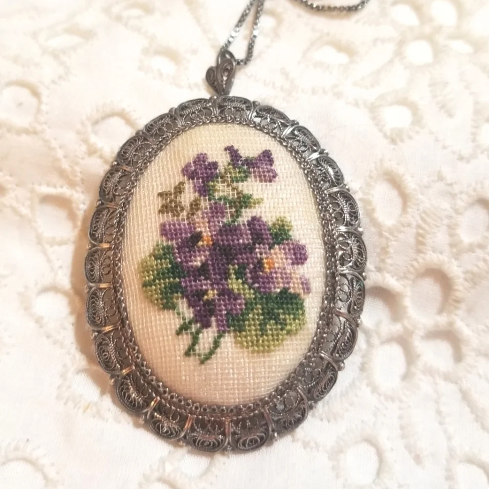 VTG STERLING 925 FILIGREE needle point necklace & brooch set two for one - Picture 5 of 9